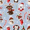 Seamless pattern with cute baby animals on Christmas wear. Vector.