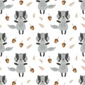 Seamless pattern, cute baby badgers in doodle style, acorns and oak leaves. Children\'s print, vector