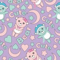 Seamless pattern with cute baby bears, moon and stars