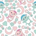 Seamless pattern with cute baby bears, moon and stars
