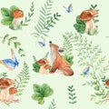 Seamless pattern with cute baby fox, mushrooms, green plants and butterfly on green background. Watercolor hand drawn