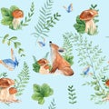 Seamless pattern with cute baby fox, mushrooms, green plants and butterfly on blue background. Watercolor hand drawn