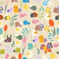 Seamless Pattern with Cute Baby Insects, Flowers and Plants
