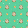 Seamless pattern with cute baby owls and acorns