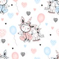Seamless pattern with a cute baby in pajamas with his toy unicorn and balloons. Vector