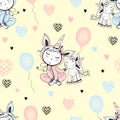 Seamless pattern with a cute baby in pajamas with his toy unicorn and balloons. Vector