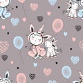 Seamless pattern with a cute baby in pajamas with his toy unicorn and balloons. Vector