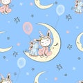 Seamless pattern with a cute baby in pajamas sitting on the moon with his toy unicorn. Vector