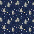 Seamless pattern with cute baby penguins with ice cream. Winter illustration. Watercolor on dark blue background. Royalty Free Stock Photo