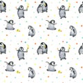 Seamless pattern with cute baby penguins with ice cream. Winter illustration. Watercolor isolated on white background. Royalty Free Stock Photo