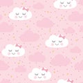 Seamless pattern cute baby shower with faces clouds on pink Royalty Free Stock Photo