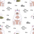 Seamless pattern cute bear cartoon hand drawn style.