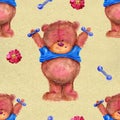 Seamless pattern with cute bear and dumb-bells