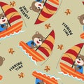 Seamless pattern with cute bear fishing on sailboat. Cute Marine pattern for fabric, baby clothes, background, textile, wrapping