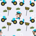 Seamless pattern of Cute bear junggle patrol police go to forest funny animal cartoon. Creative vector childish background for