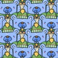 Seamless pattern with cute bear in warm winter clothes with cup of hot drink. Scarf, hat and woolen socks