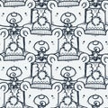 Seamless pattern with cute bear in warm winter clothes with cup of hot drink. Scarf, hat and woolen socks