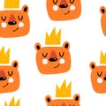 Seamless pattern with cute bears, crowns. Flat colorful vector. Hand drawing for children. animal theme.