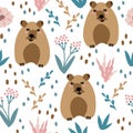 Seamless pattern with cute bears and floral elements, flowers, branches, leaves . Creative childish texture. Great for fabric, Royalty Free Stock Photo