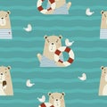 Seamless pattern with cute bears. Funny animals a sailor with a seagull and a lifebuoy and eats ice cream on an emerald