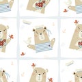 Seamless pattern with cute bears. Funny sailor in a sailors hat with a seagull and a beautiful bear with a bouquet of