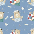 Seamless pattern with cute bears. Funny sailor with seagull and lifebuoy on blue background with seabirds and anchor