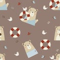 Seamless pattern with cute bears. Funny sailor with a seagull and a lifebuoy on a brown background with seabirds and