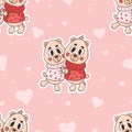 Seamless pattern with cute bears on pink background with hearts. Vector illustration. Endless background for valentines