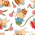 Seamless pattern with cute bee, flowers and hunny isolate on a white background