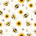 The seamless pattern of cute bee and sunflower in flat vector style.