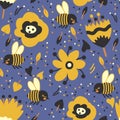 Seamless pattern with cute bees and flowers on blue background Royalty Free Stock Photo