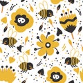 Seamless pattern with cute bees and flowers on white background Royalty Free Stock Photo