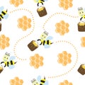 Seamless pattern with cute bees and honeycomb Royalty Free Stock Photo