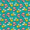 Seamless pattern with bees and flowers. Royalty Free Stock Photo