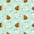 Seamless pattern, cute bees and small chamomile flowers with leaves, pastel colors. Print, background, textile, vector Royalty Free Stock Photo