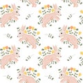 Seamless pattern, cute beige rabbits and wild flowers. Print, textile, wallpaper, holiday decor Royalty Free Stock Photo