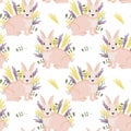 Seamless pattern, cute beige rabbits and wild flowers on a white background. Print, textile, holiday decor Royalty Free Stock Photo