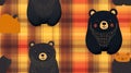 Seamless Pattern of Cute Black Bears on Orange and Brown Plaid Background Royalty Free Stock Photo