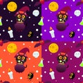 Seamless Pattern Cute Black Cat with Witch Hat, Cauldron, spider, Candle, skull, moon and bottle on purple and orange background Royalty Free Stock Photo