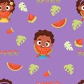 Seamless pattern with cute black ethnic girl and boy with piece of watermelon on purple background. Vector illustration Royalty Free Stock Photo