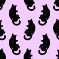 Seamless pattern with cute black space cats. Texture for wallpapers, stationery, fabric, wrap, web page backgrounds, vector Royalty Free Stock Photo