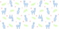 Seamless pattern with cute blue alpacas, green twigs and small red stars on a white background Royalty Free Stock Photo