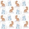 Seamless pattern, cute blue and beige dinosaurs with clouds and stars. Print, textile, kids bedroom decor