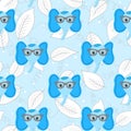 Seamless pattern with cute blue elephant face in sunglasses on floral background. Vector flat animals colorful illustration. Royalty Free Stock Photo