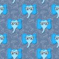 Seamless pattern with cute blue elephant face in sunglasses on floral background. Vector flat animals colorful illustration. Royalty Free Stock Photo