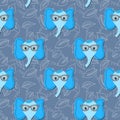 Seamless pattern with cute blue elephant face in sunglasses on floral background. Vector flat animals colorful Royalty Free Stock Photo