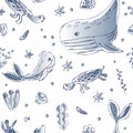 Seamless pattern with cute blue whale and a funny turtles.