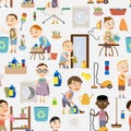 Seamless pattern cute boys doing housework