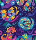 Seamless pattern with cute bright abstract Dragons among the stars and fireworks Royalty Free Stock Photo
