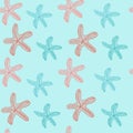 Seamless pattern cute brights starfish on light blue background